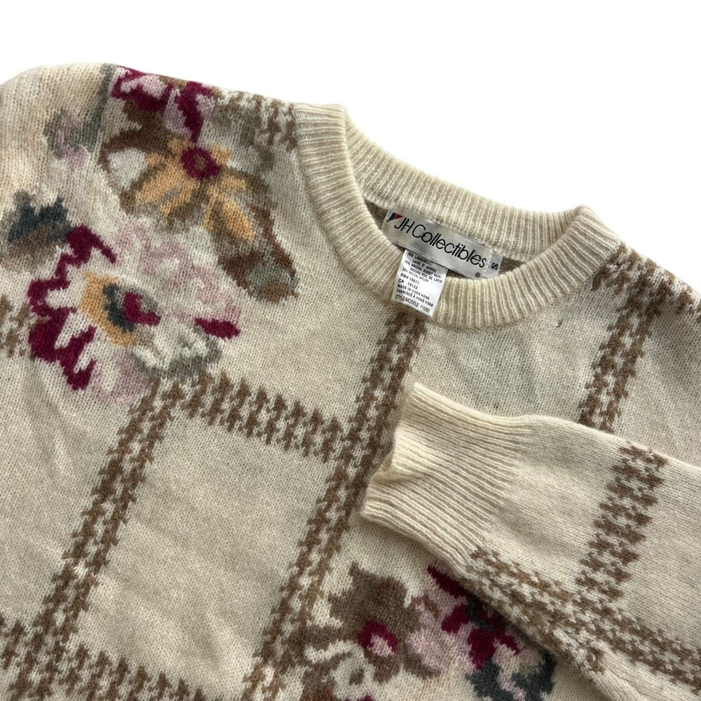 JH Collectibles Womens S Cream Floral Windowpane Angora Lambswool Bl Sweater VTG
